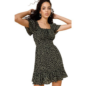 FRANCESCAS MI AMI MEGHAN ANIMAL PRINT RUFFLED FLOUNCE MINI DRESS GREEN SMALL EUC